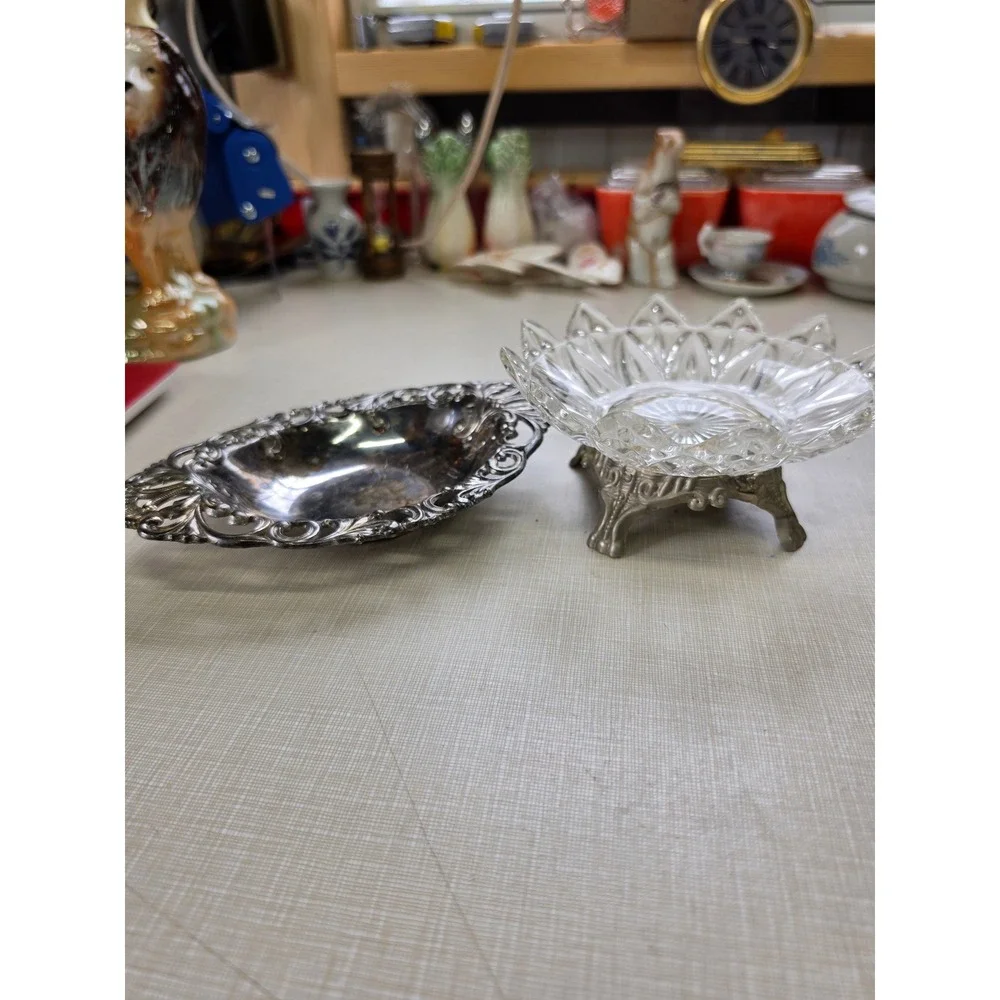 Vintage Footed Glass Trinket Bowl and Silver Tone Filigree Metal Dish Set